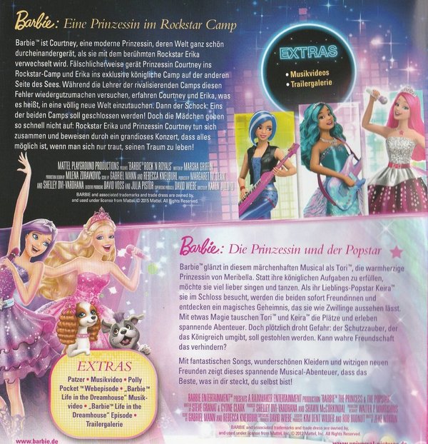 Barbie eine Prizessin im Rockstar Camp, Barbie Die Prinzessin und der Popstar, 2 Filme, DVD